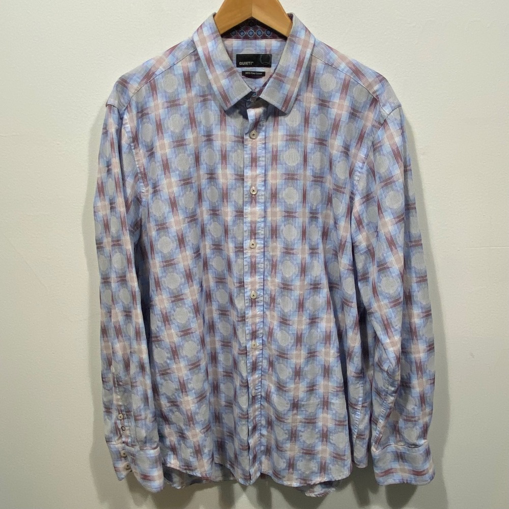 Quieti Mens XL Blue Red Plaid Geometric Circle Print‎ 100% Fine Cotton Shirt